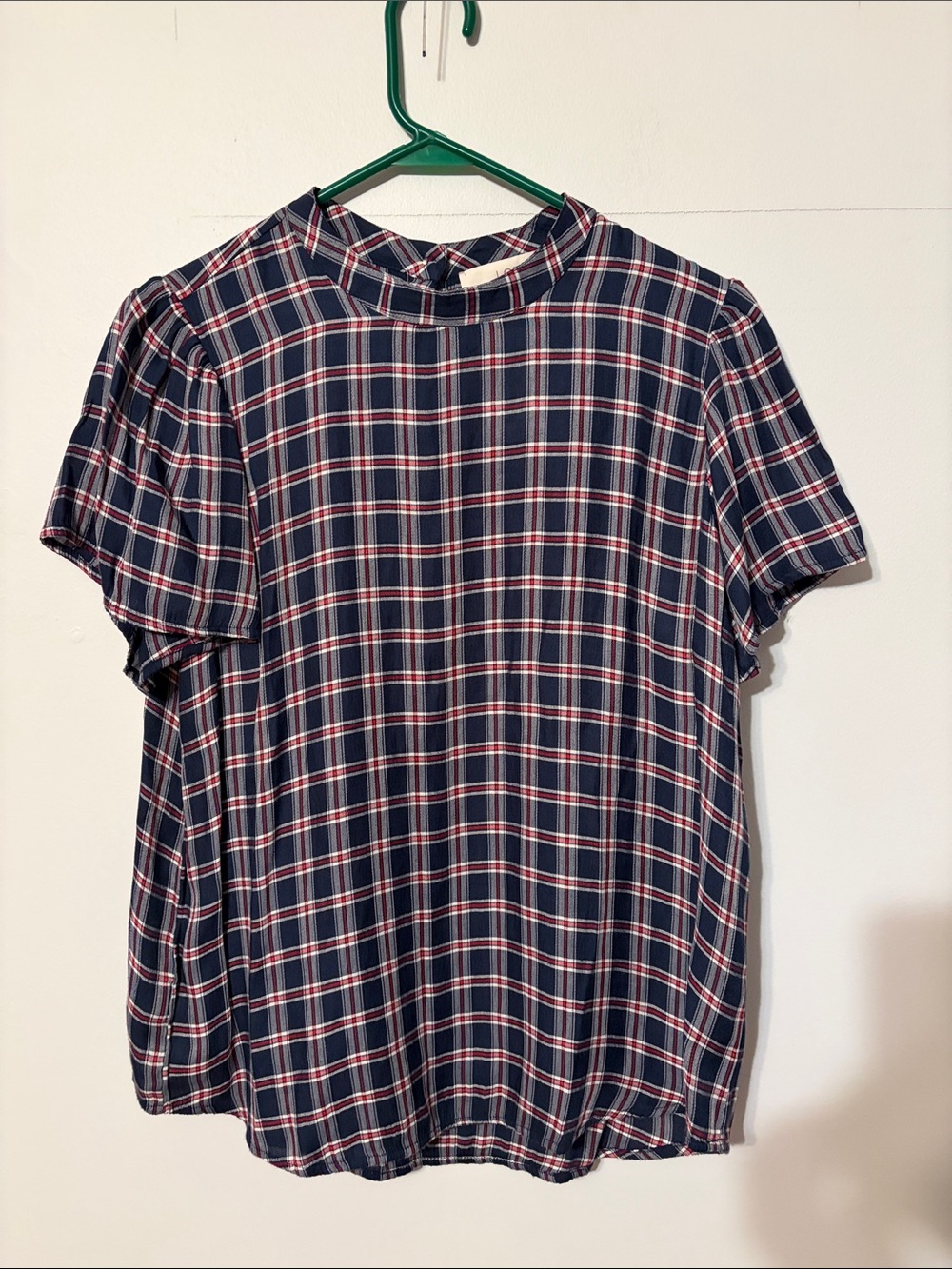 LOFT Navy Plaid Short Sleeve Blouse with Red and White Lines. Med. Rayon/poly